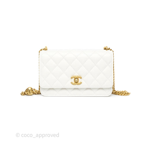 Chanel Heart Adjustable Chain WOC White Caviar Aged Gold Hardware