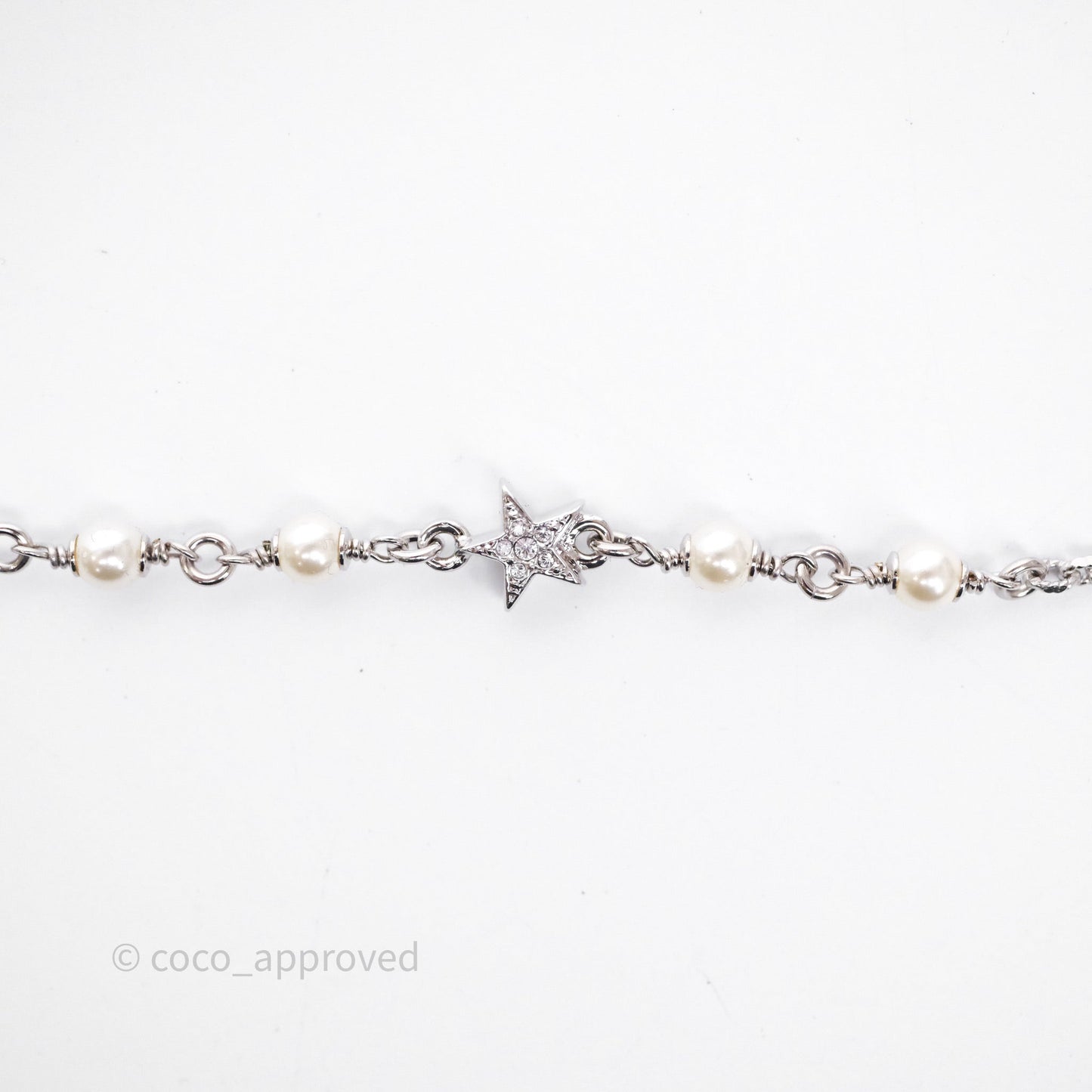 Chanel Crystal Pearl Swallow CC Long Necklace Silver Tone 25S