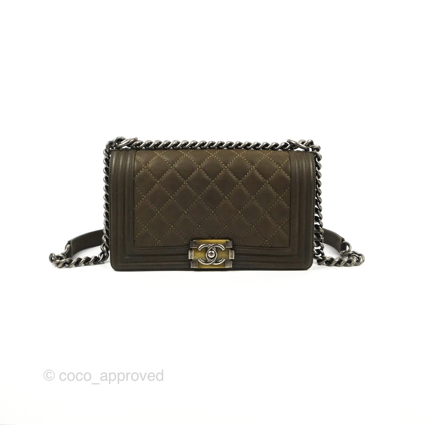 Chanel Quilted Medium Boy Dark Green Calfskin Ruthenium Hardware