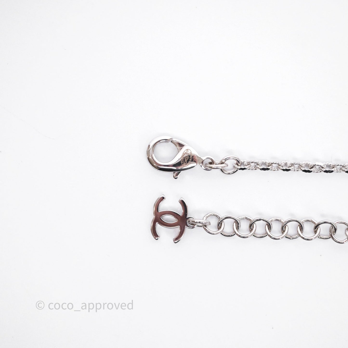 Chanel Crystal Pearl Swallow CC Long Necklace Silver Tone 25S