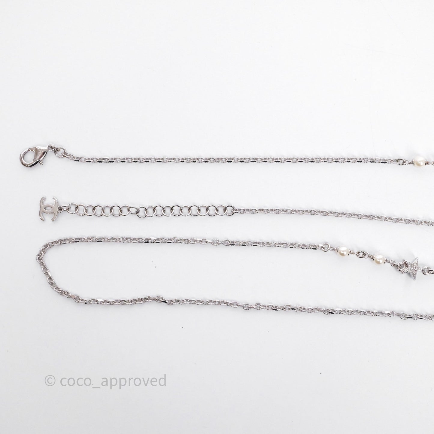 Chanel Crystal Pearl Swallow CC Long Necklace Silver Tone 25S