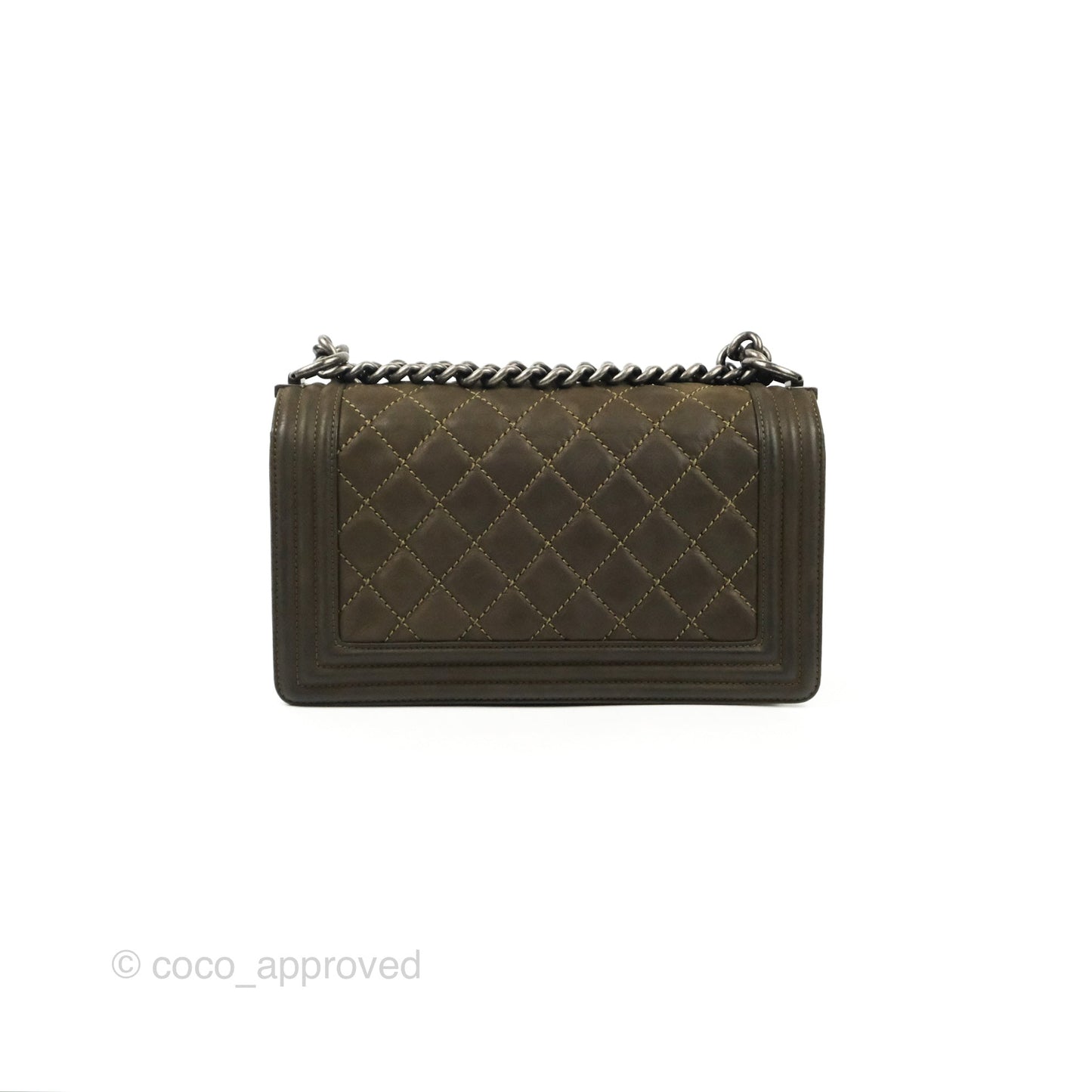 Chanel Quilted Medium Boy Dark Green Calfskin Ruthenium Hardware