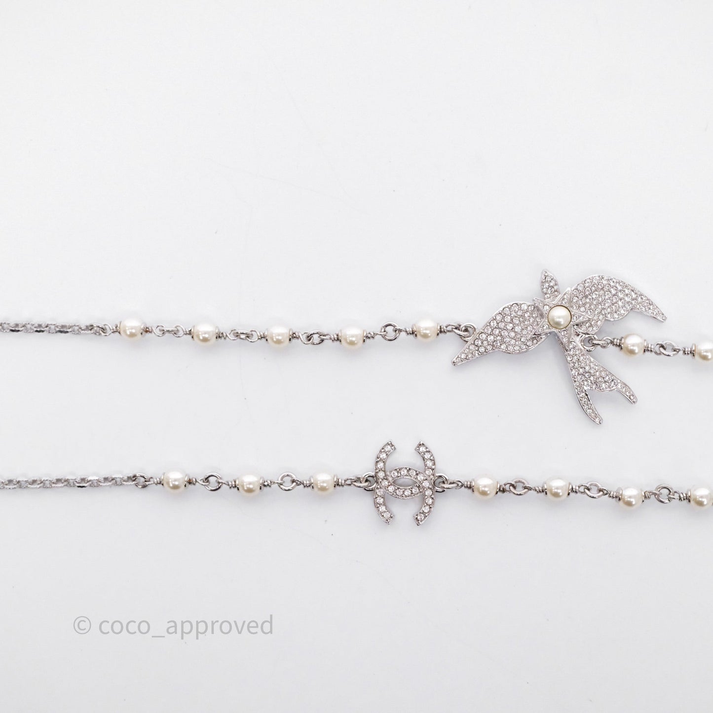 Chanel Crystal Pearl Swallow CC Long Necklace Silver Tone 25S