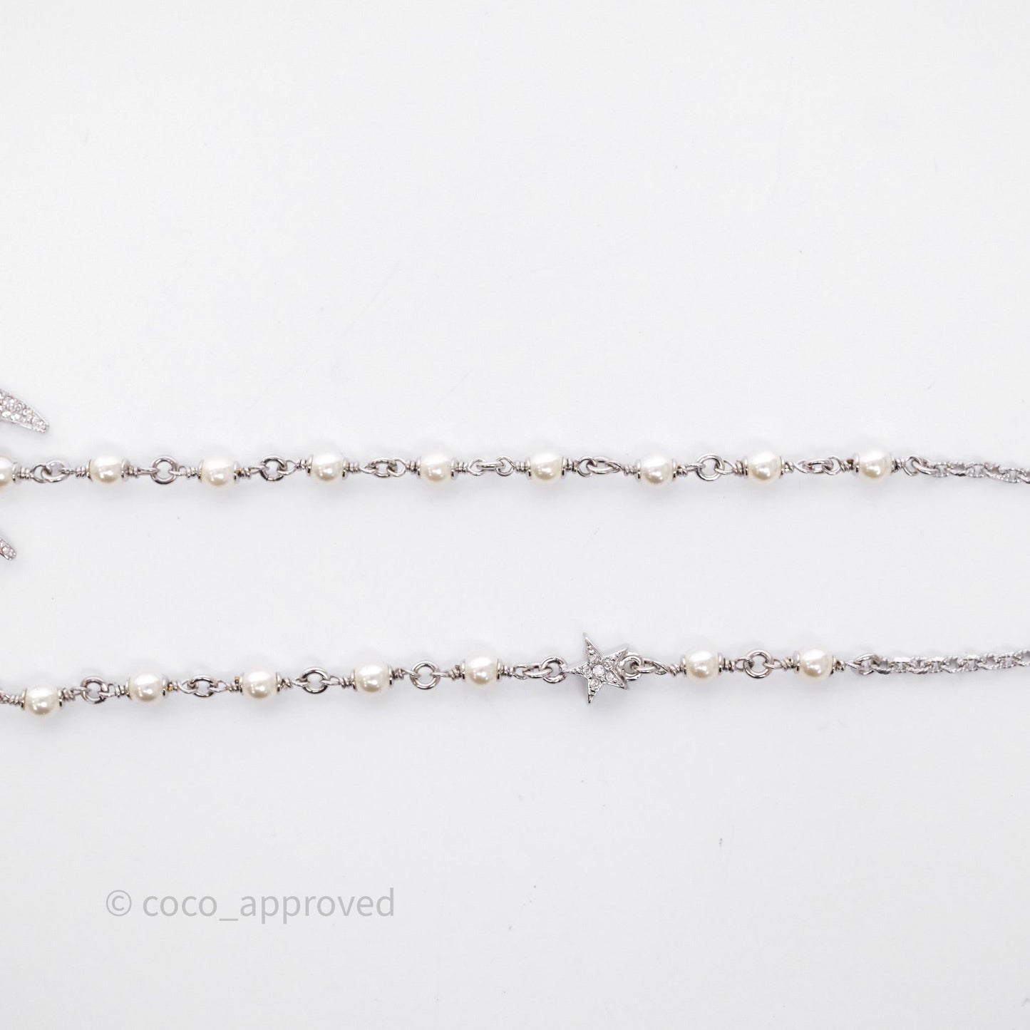 Chanel Crystal Pearl Swallow CC Long Necklace Silver Tone 25S
