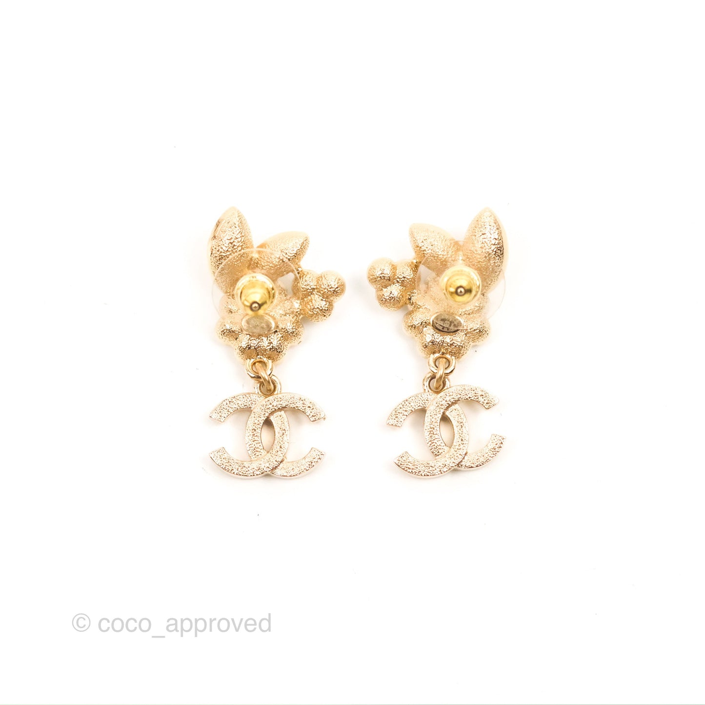 Chanel Crystal Pearl CC Flower Pendant Earrings Gold Tone 22K
