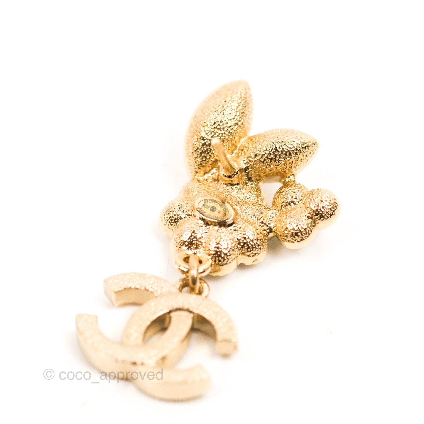 Chanel Crystal Pearl CC Flower Pendant Earrings Gold Tone 22K