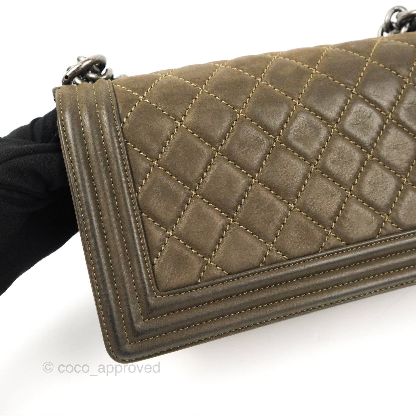 Chanel Quilted Medium Boy Dark Green Calfskin Ruthenium Hardware