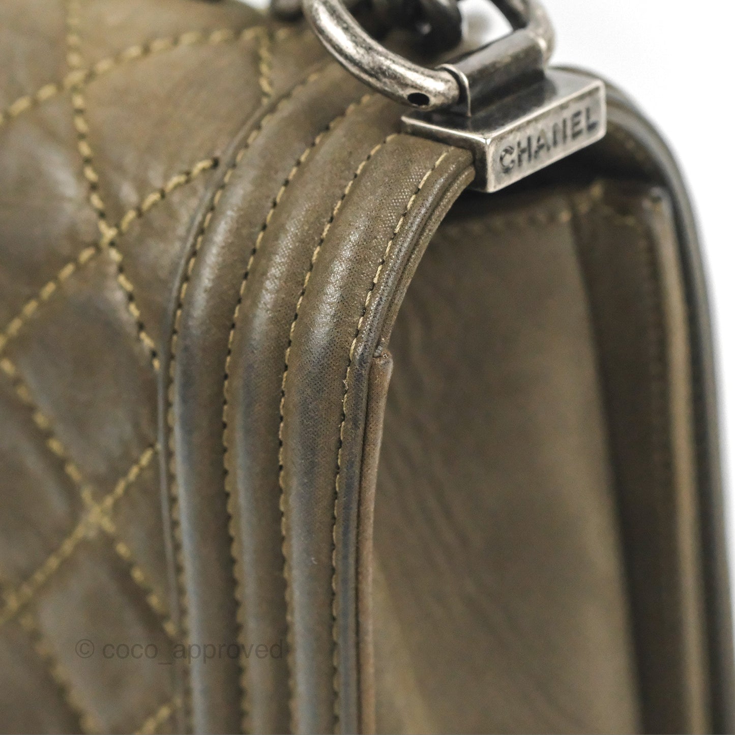 Chanel Quilted Medium Boy Dark Green Calfskin Ruthenium Hardware
