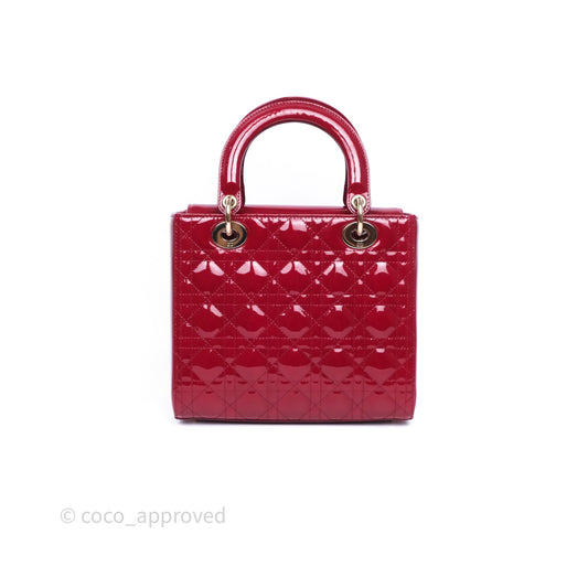 Christian Dior Medium Lady Dior Red Patent Cannage Calfskin Gold Hardware