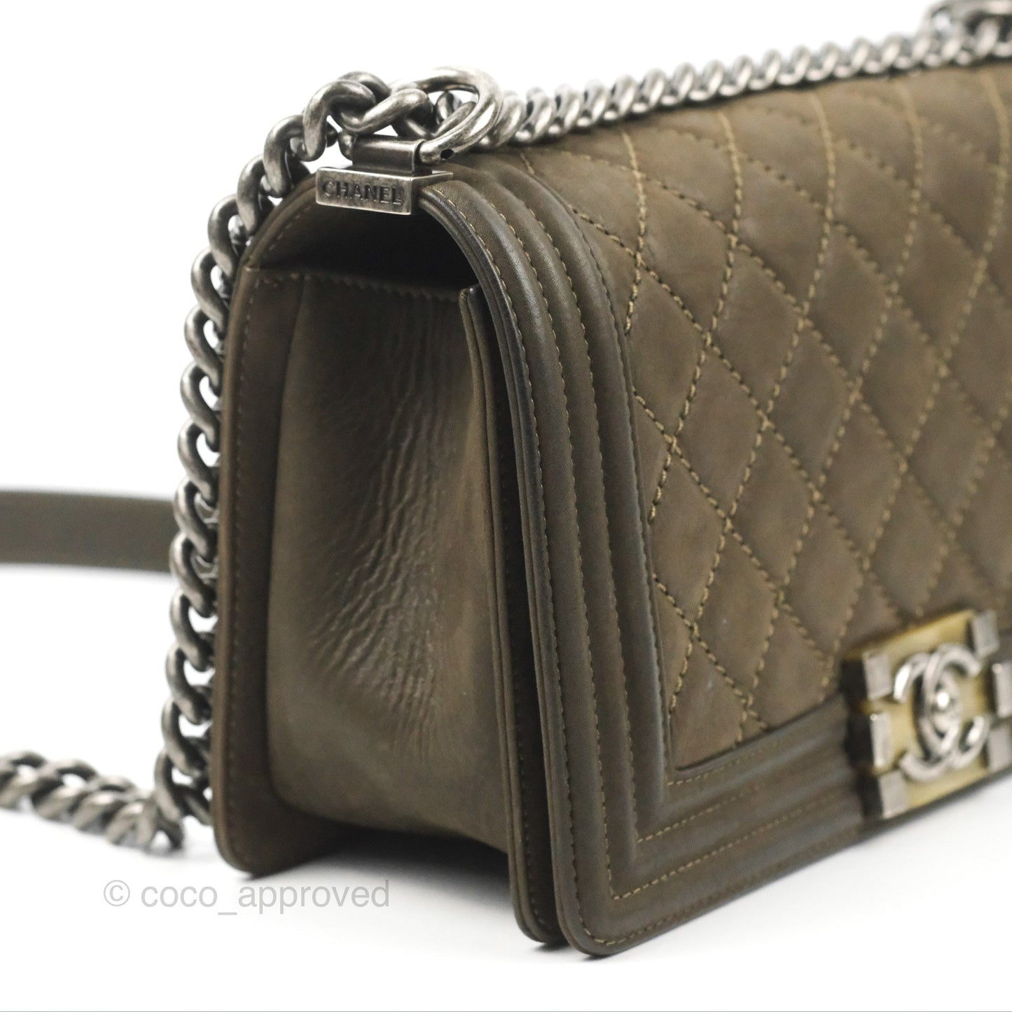 Chanel Quilted Medium Boy Dark Green Calfskin Ruthenium Hardware