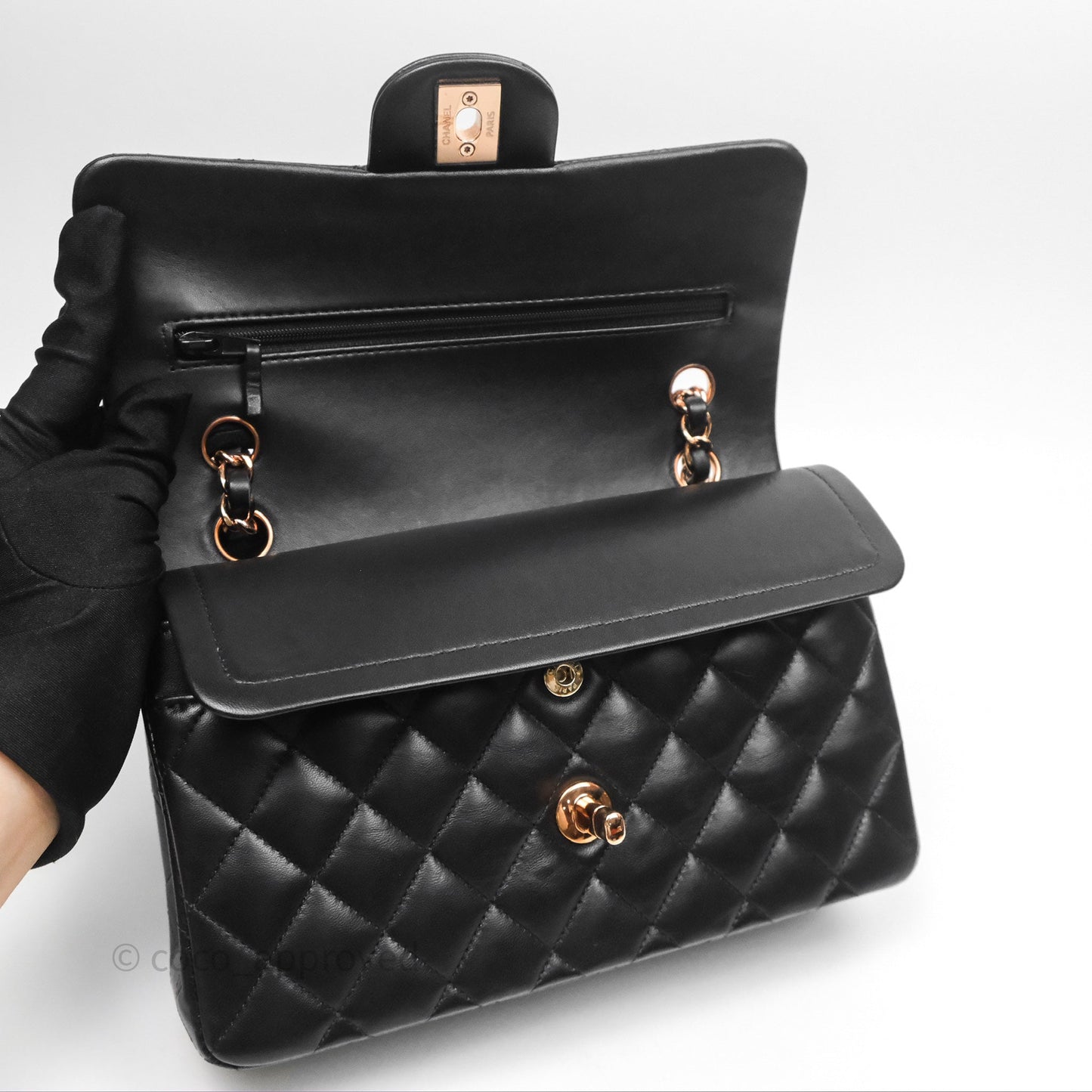Chanel Small Classic Flap Quilted Black Lambskin Rose Gold Hardware
