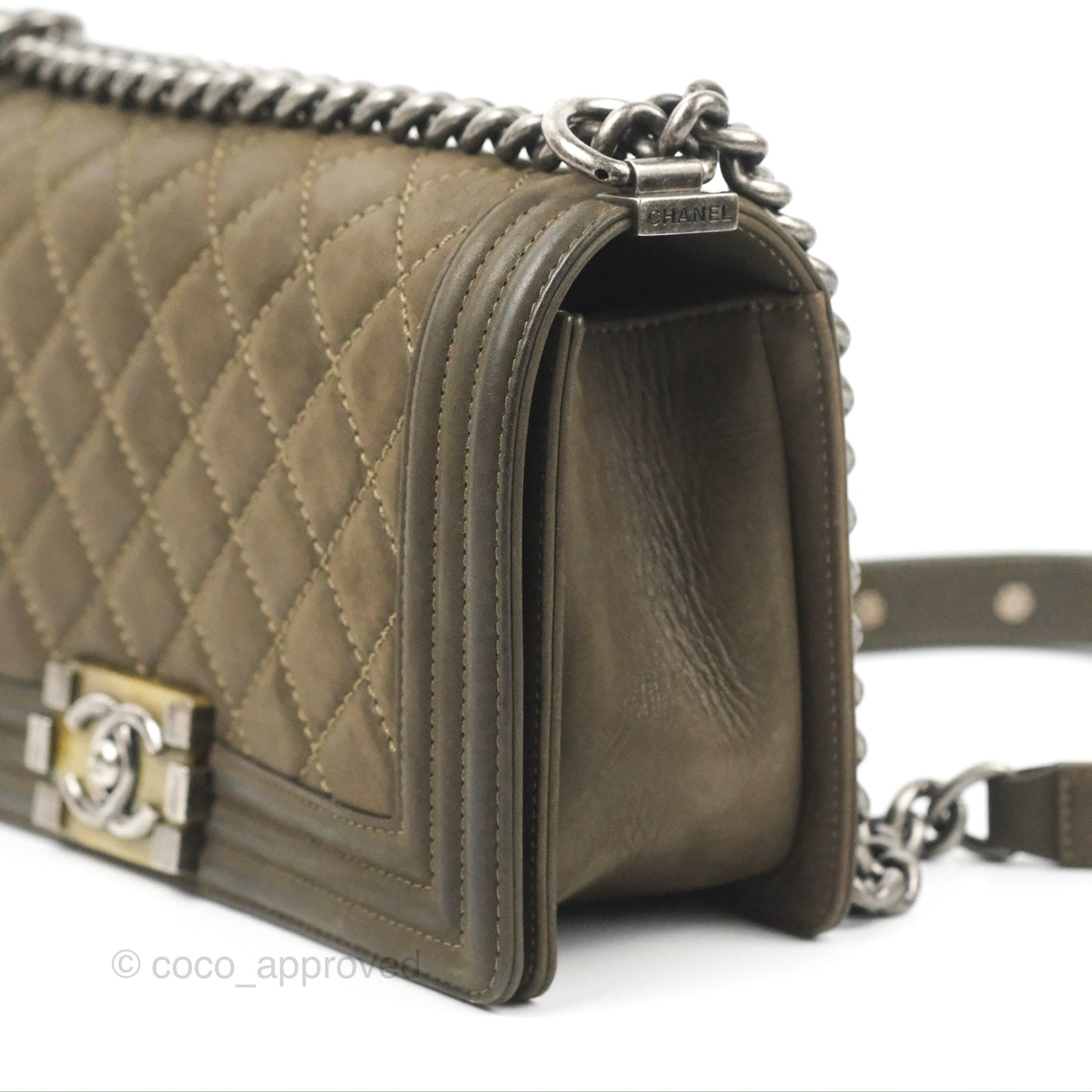 Chanel Quilted Medium Boy Dark Green Calfskin Ruthenium Hardware