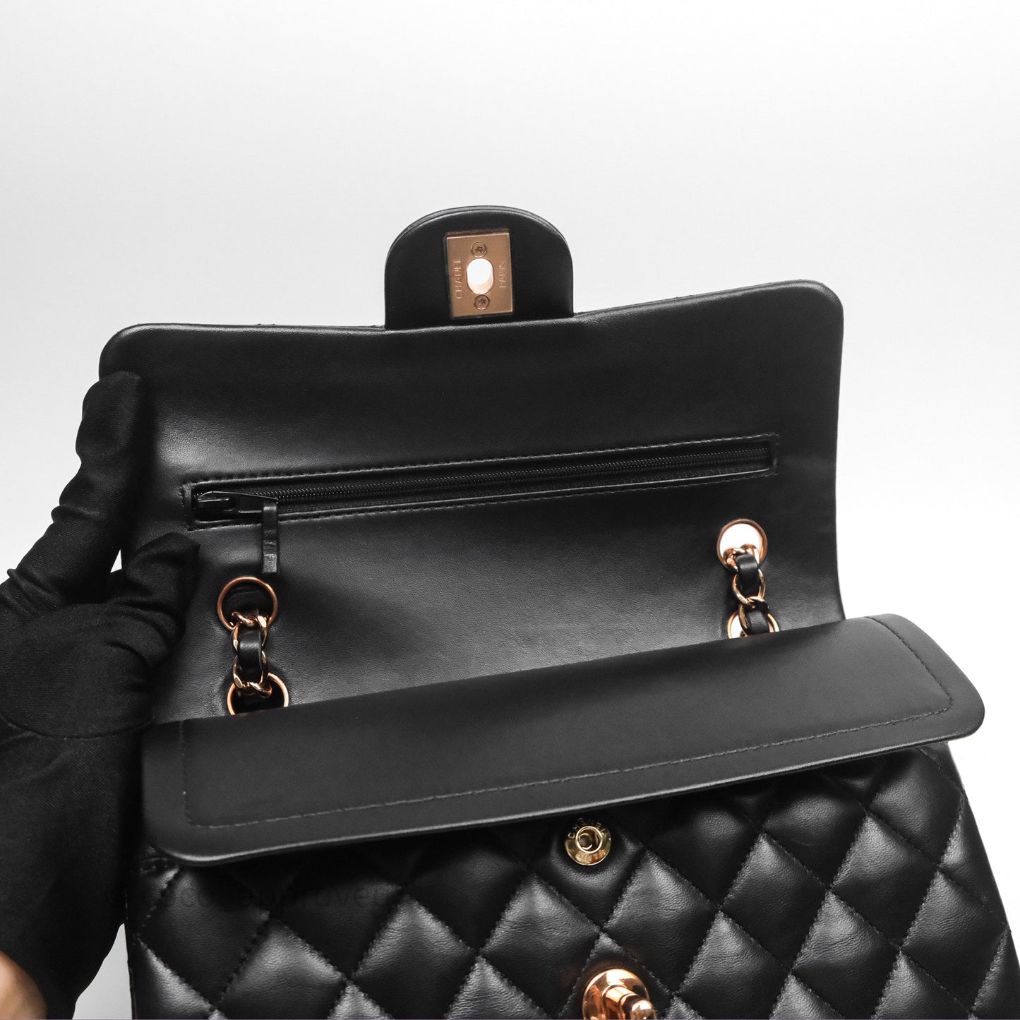 Chanel Small Classic Flap Quilted Black Lambskin Rose Gold Hardware