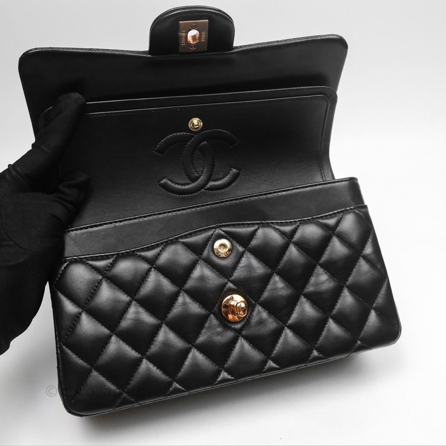 Chanel Small Classic Flap Quilted Black Lambskin Rose Gold Hardware