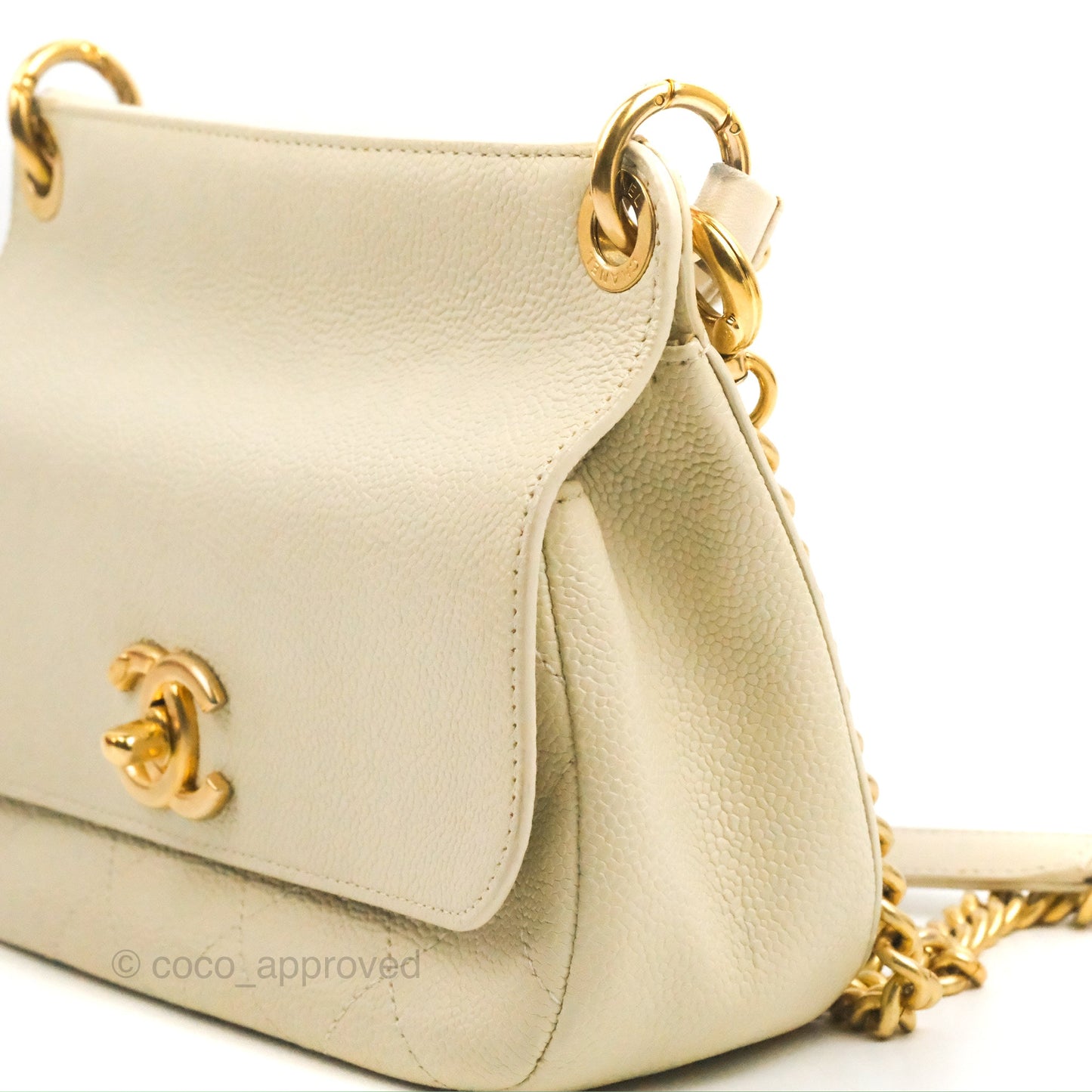 Chanel Handle Flap Bag Ivory Caviar Aged Gold Hardware