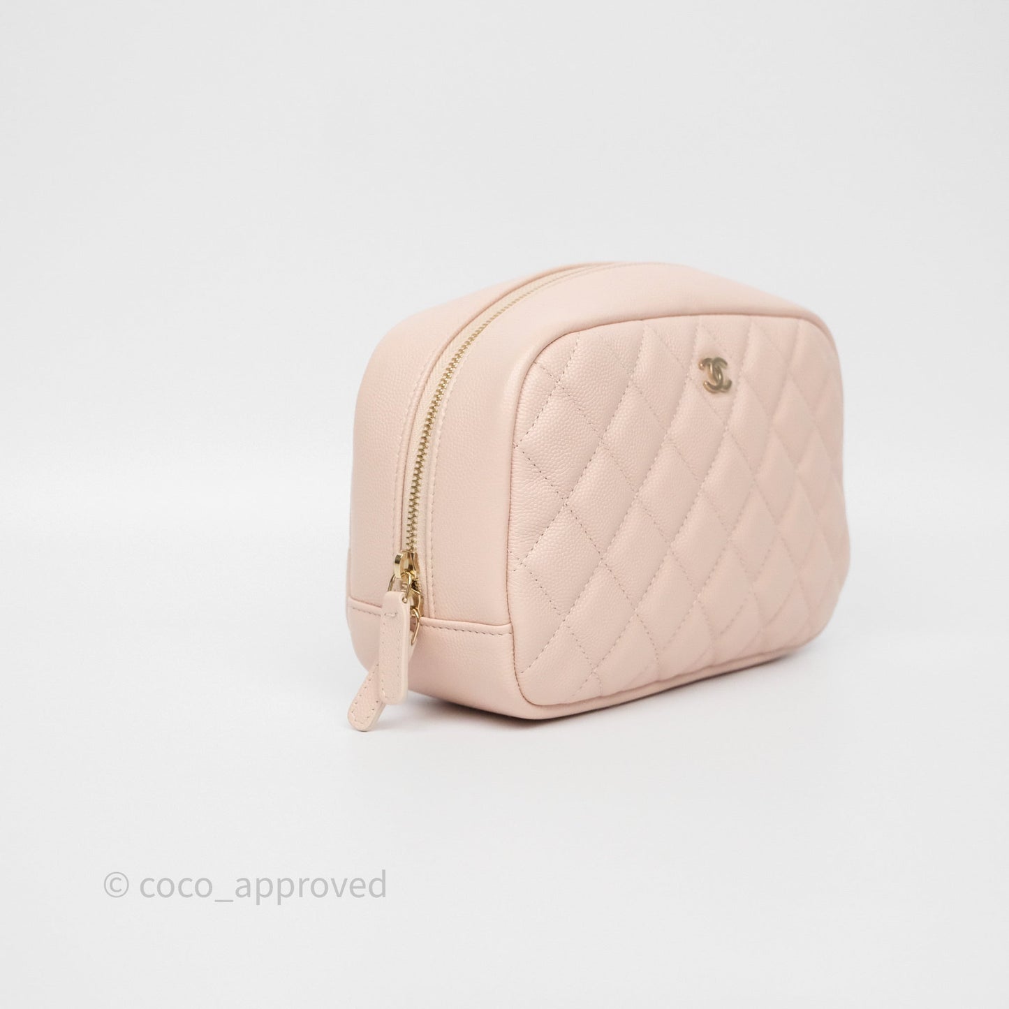 Chanel Quilted Curvy Cosmetic Pouch Beige Pink Caviar Gold Hardware