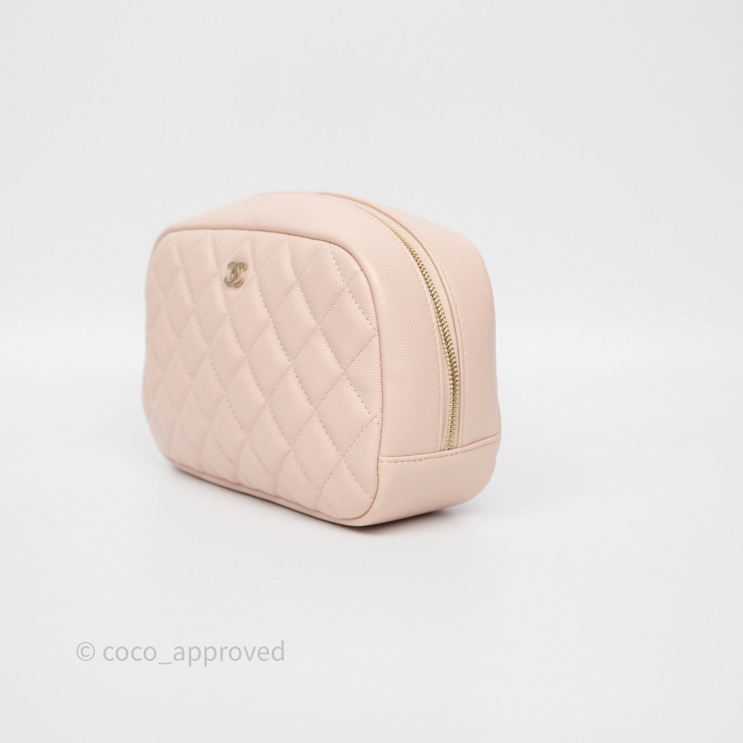 Chanel Quilted Curvy Cosmetic Pouch Beige Pink Caviar Gold Hardware