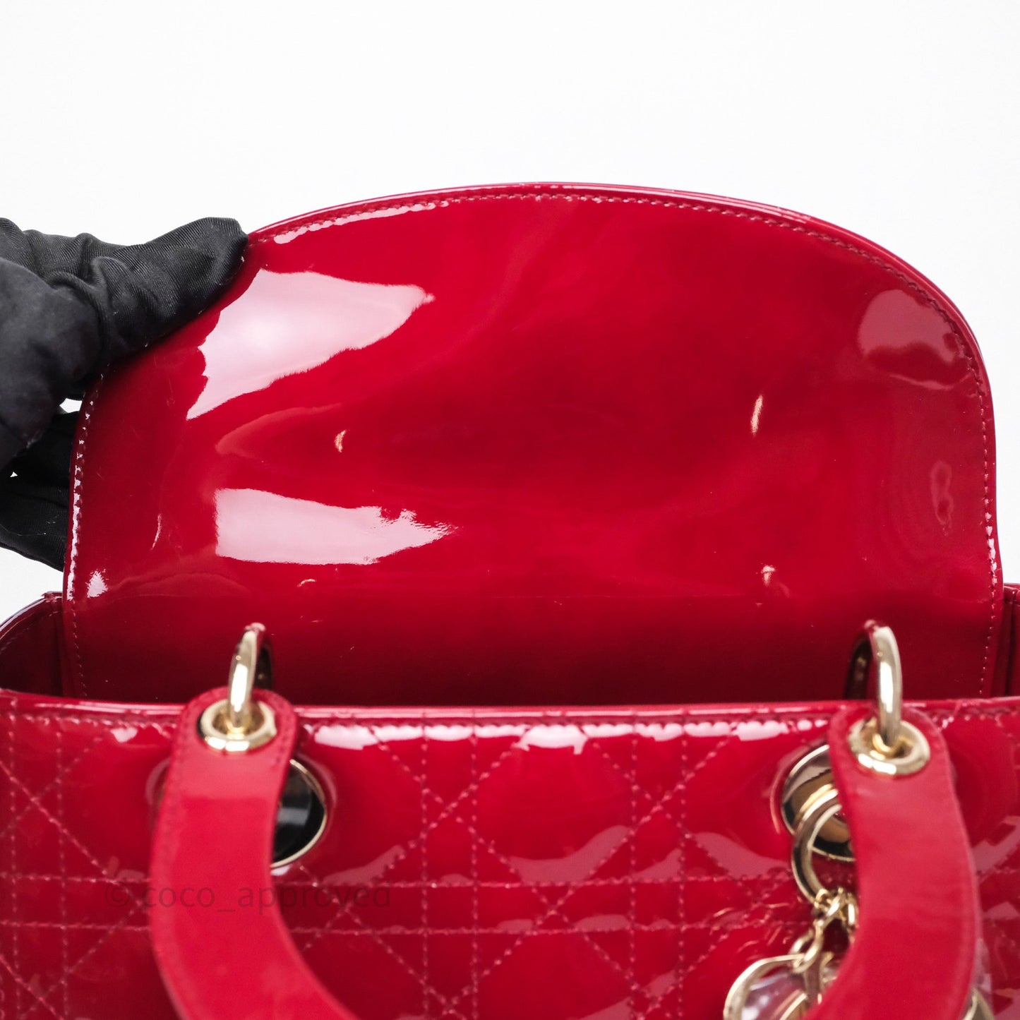 Christian Dior Medium Lady Dior Red Patent Cannage Calfskin Gold Hardware