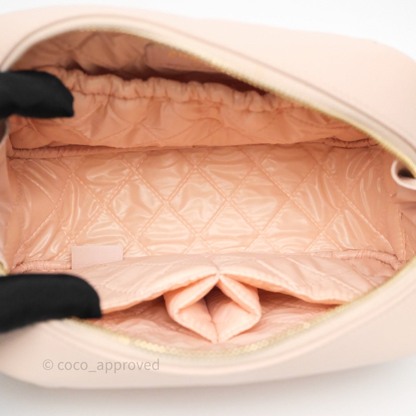 Chanel Quilted Curvy Cosmetic Pouch Beige Pink Caviar Gold Hardware