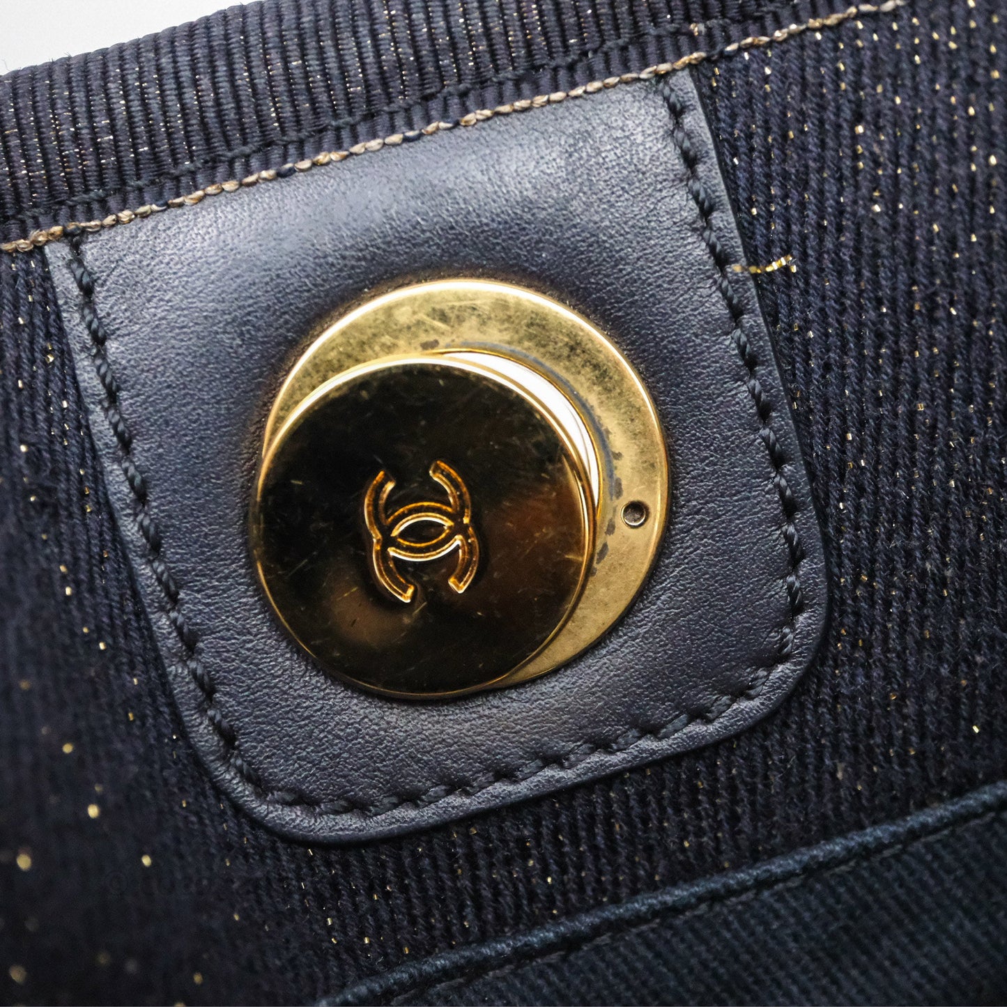 Chanel Medium Deauville Tote Navy Glitter Canvas Gold Hardware