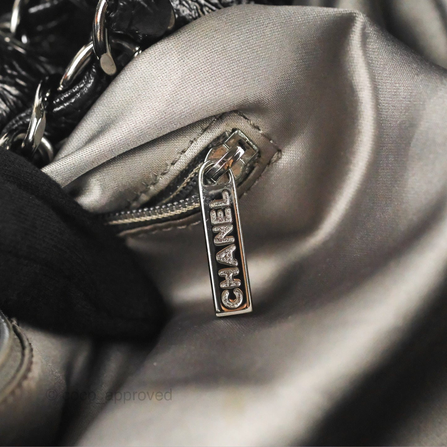 Chanel Rock In Moscow Tot Bag Black Glazed Crumpled Leather Silver Hardware