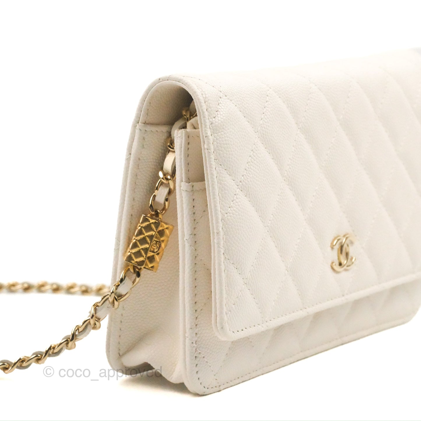 Chanel Quilted WOC White Caviar Gold Hardware With Charms