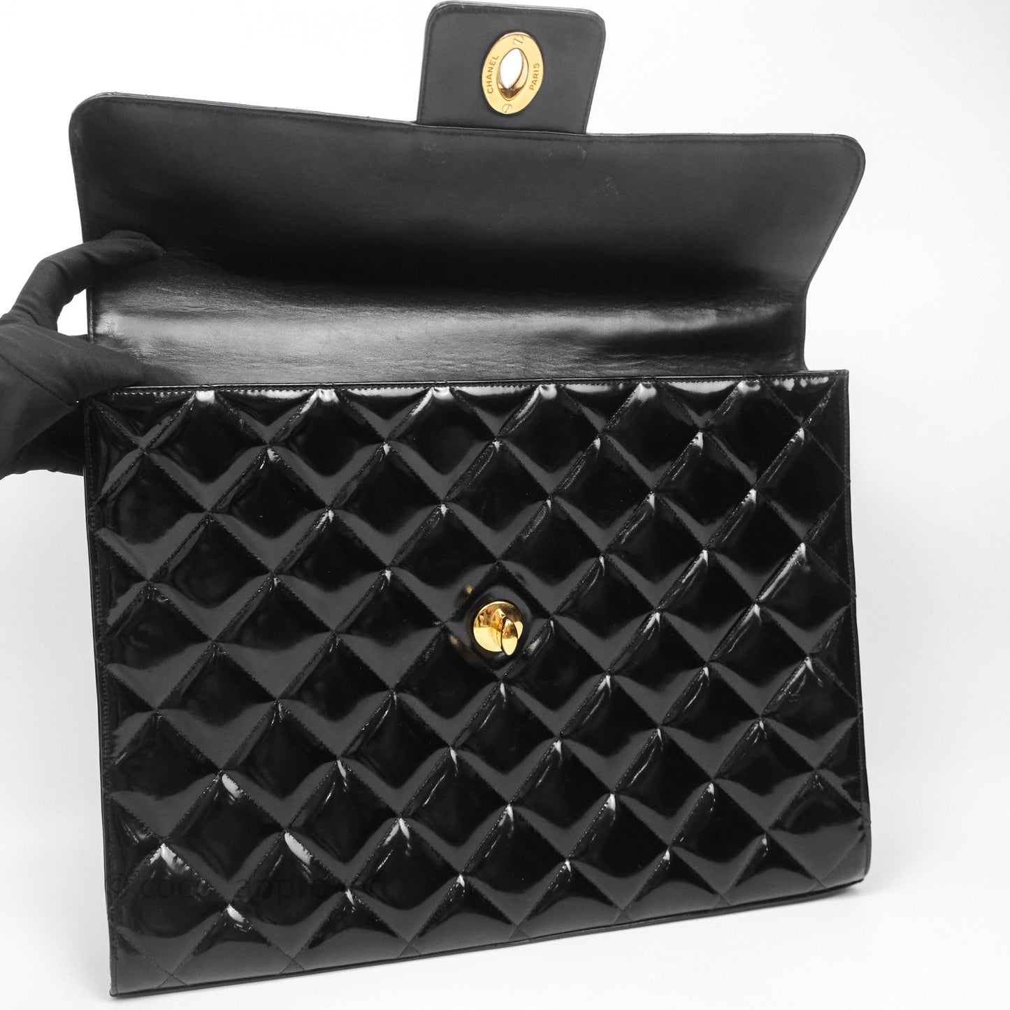 Chanel Vintage Black Patent Handbag 24K Gold Hardware
