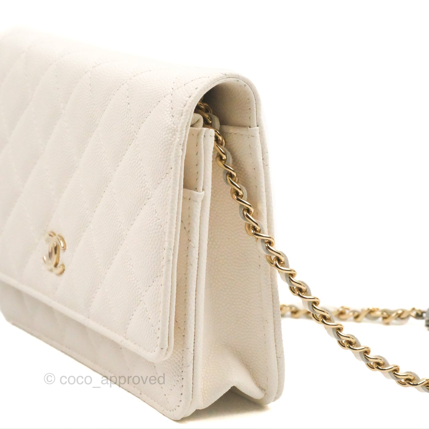 Chanel Quilted WOC White Caviar Gold Hardware With Charms