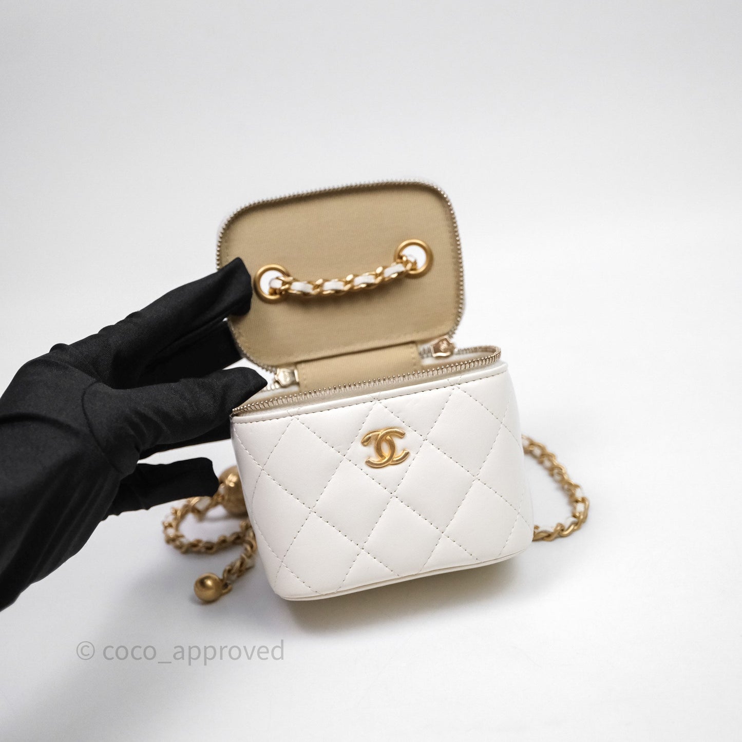 Chanel Mini Pearl Crush Vanity With Chain White Aged Gold Hardware
