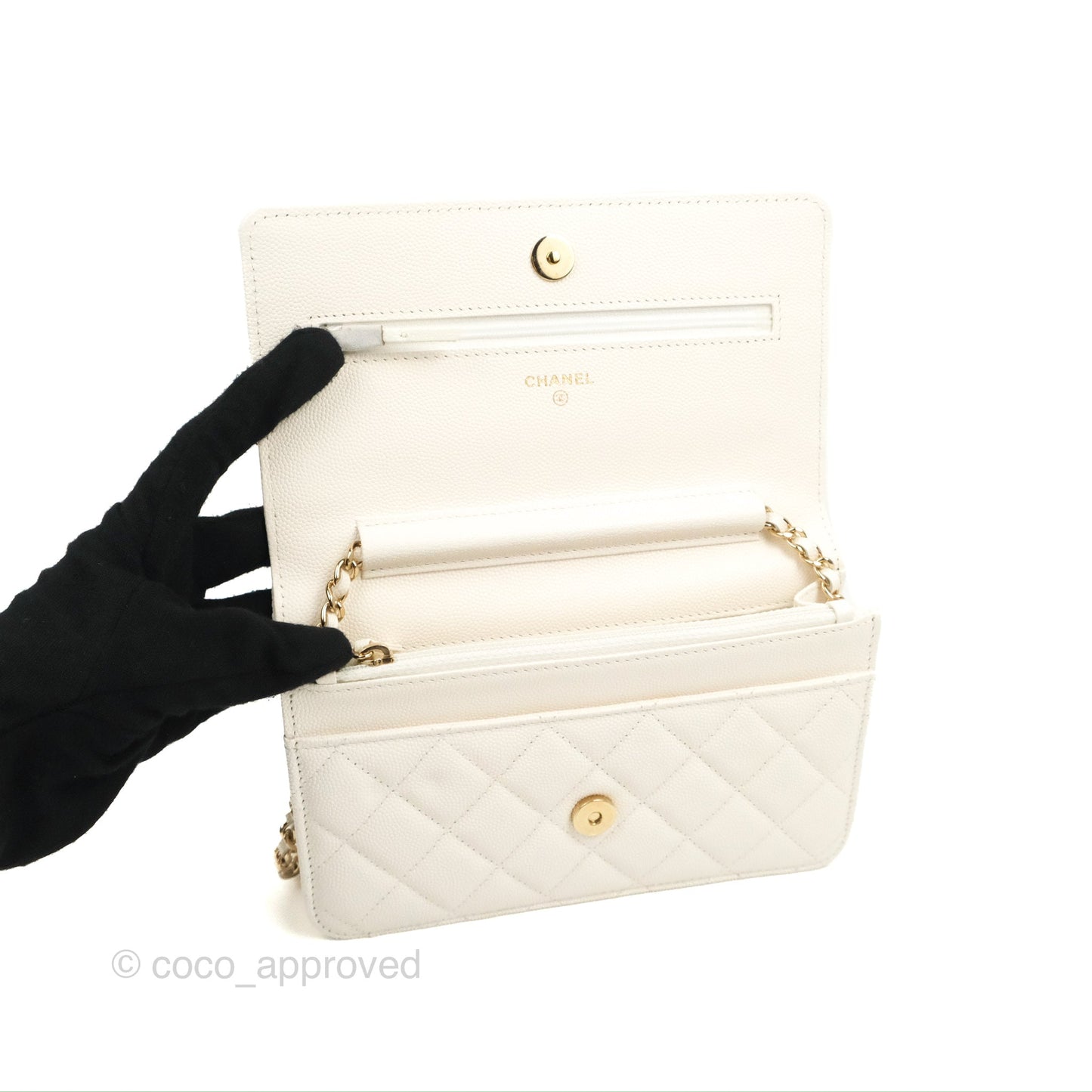 Chanel Quilted WOC White Caviar Gold Hardware With Charms