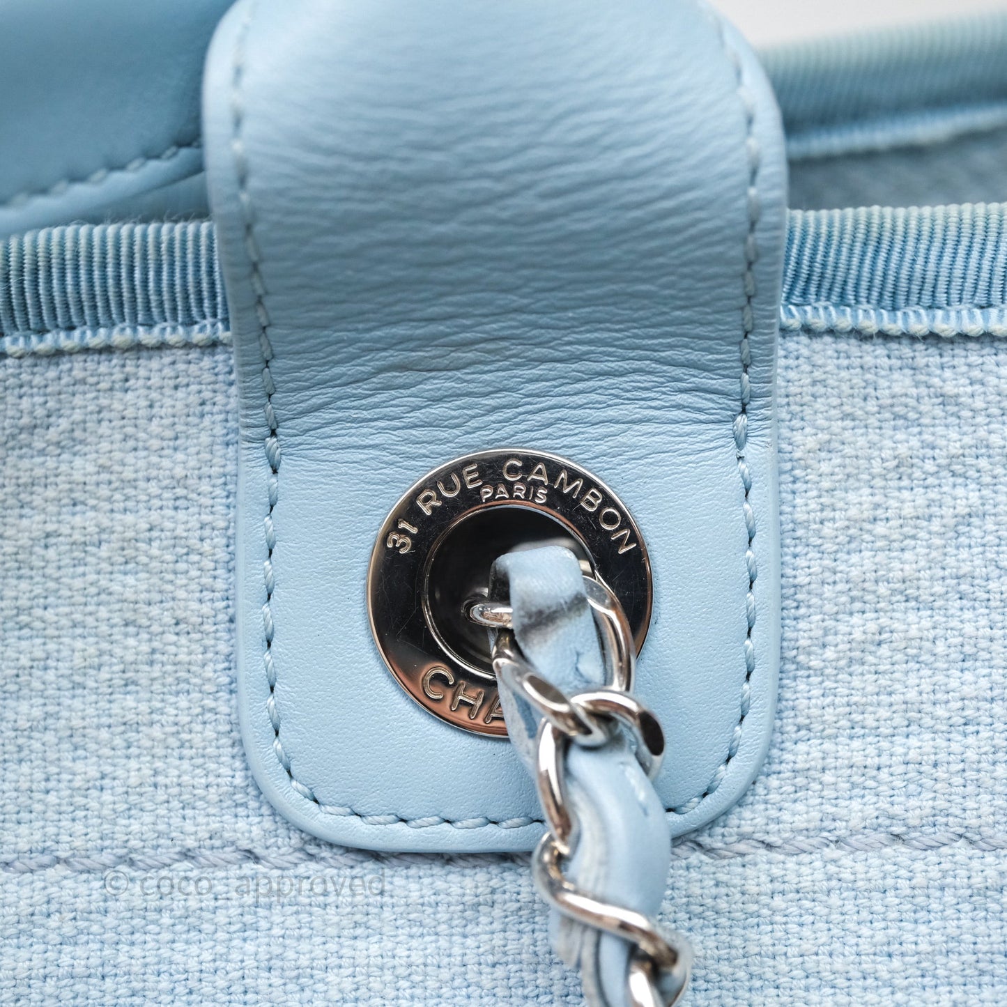 Chanel New Small Deauville Tote Blue Canvas Silver Hardware