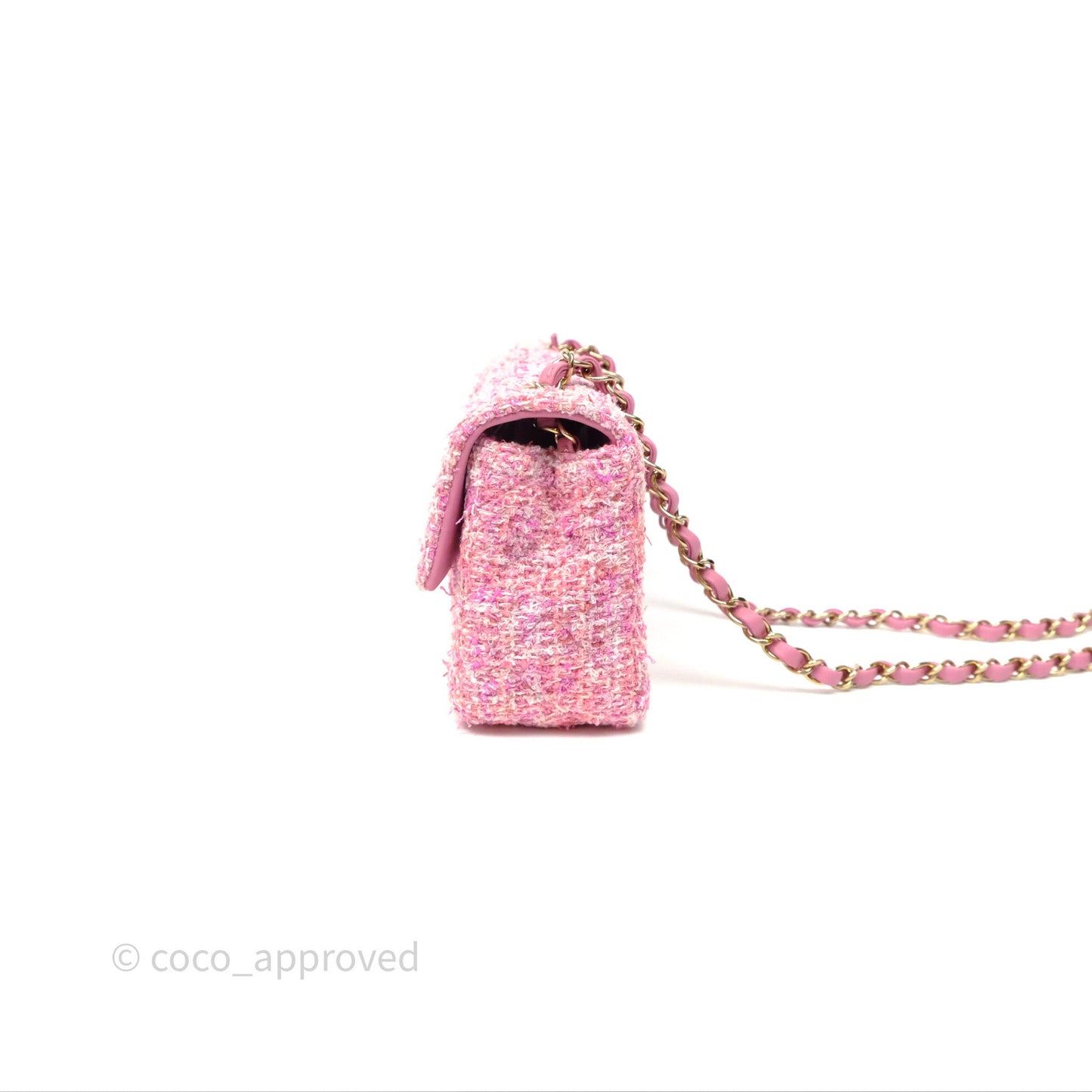 Chanel Tweed Quilted Mini Rectangular Flap Pink Tweed Gold Hardware
