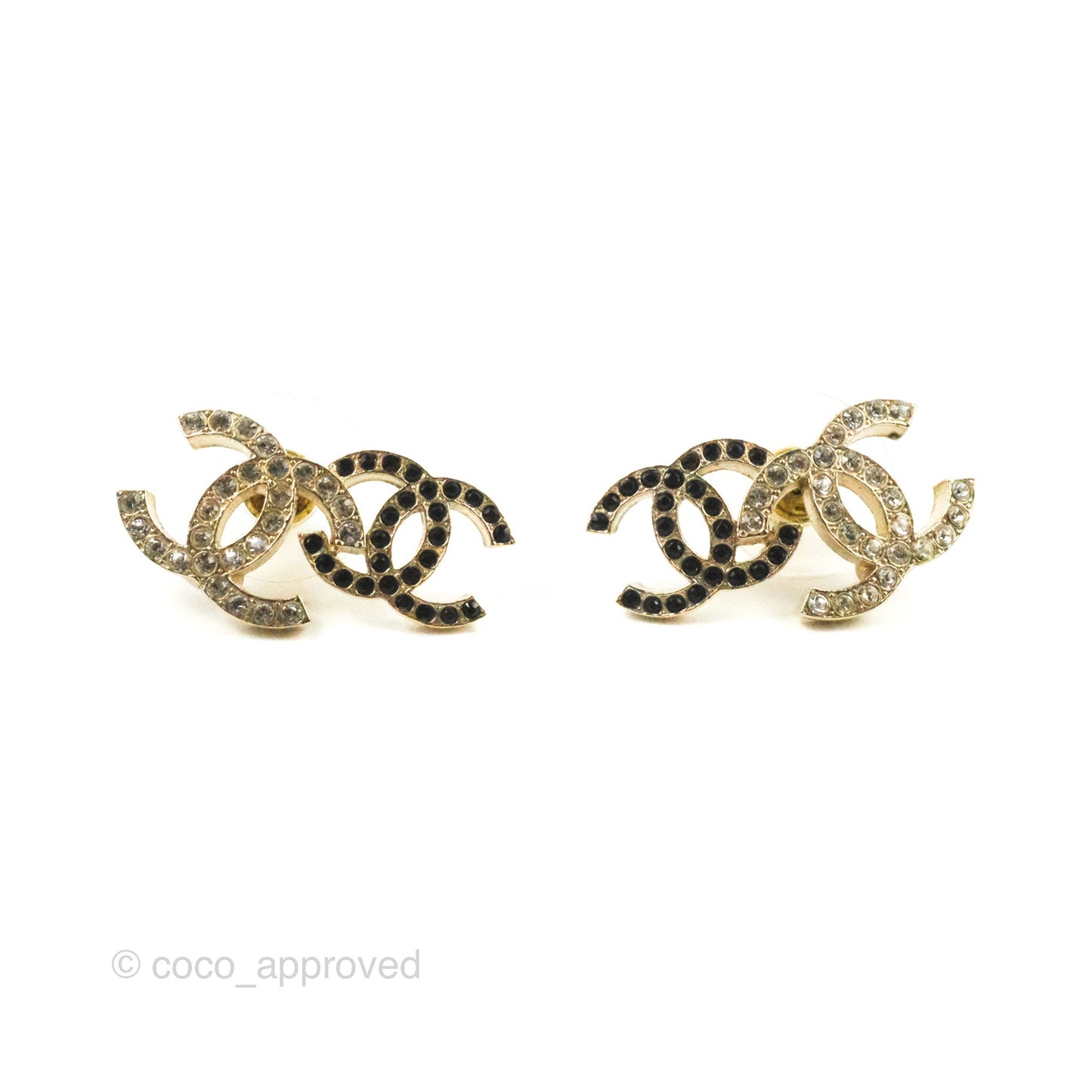 Chanel Crystal Black Double CC Earrings Gold Tone 22B