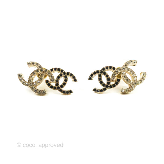 Chanel Crystal Black Double CC Earrings Gold Tone 22B