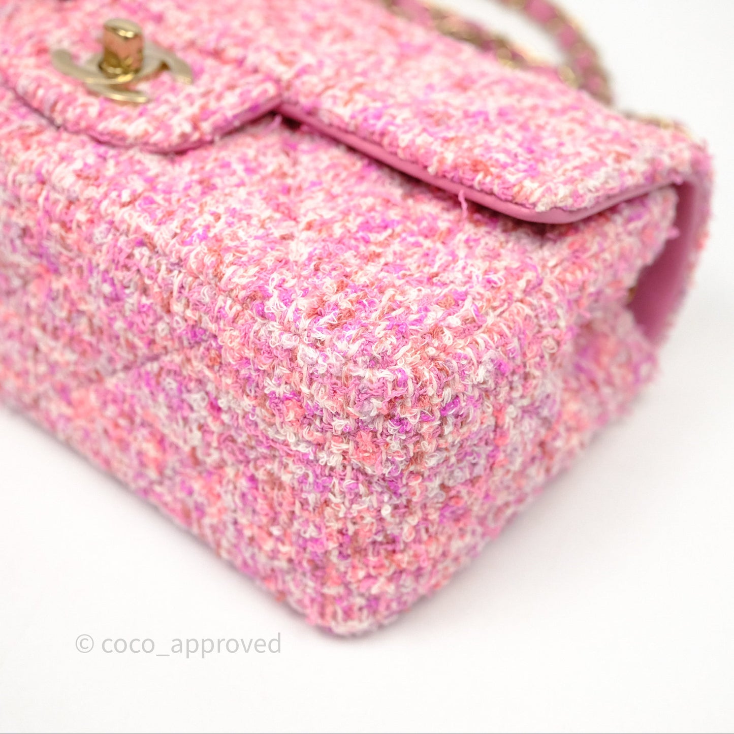 Chanel Tweed Quilted Mini Rectangular Flap Pink Tweed Gold Hardware
