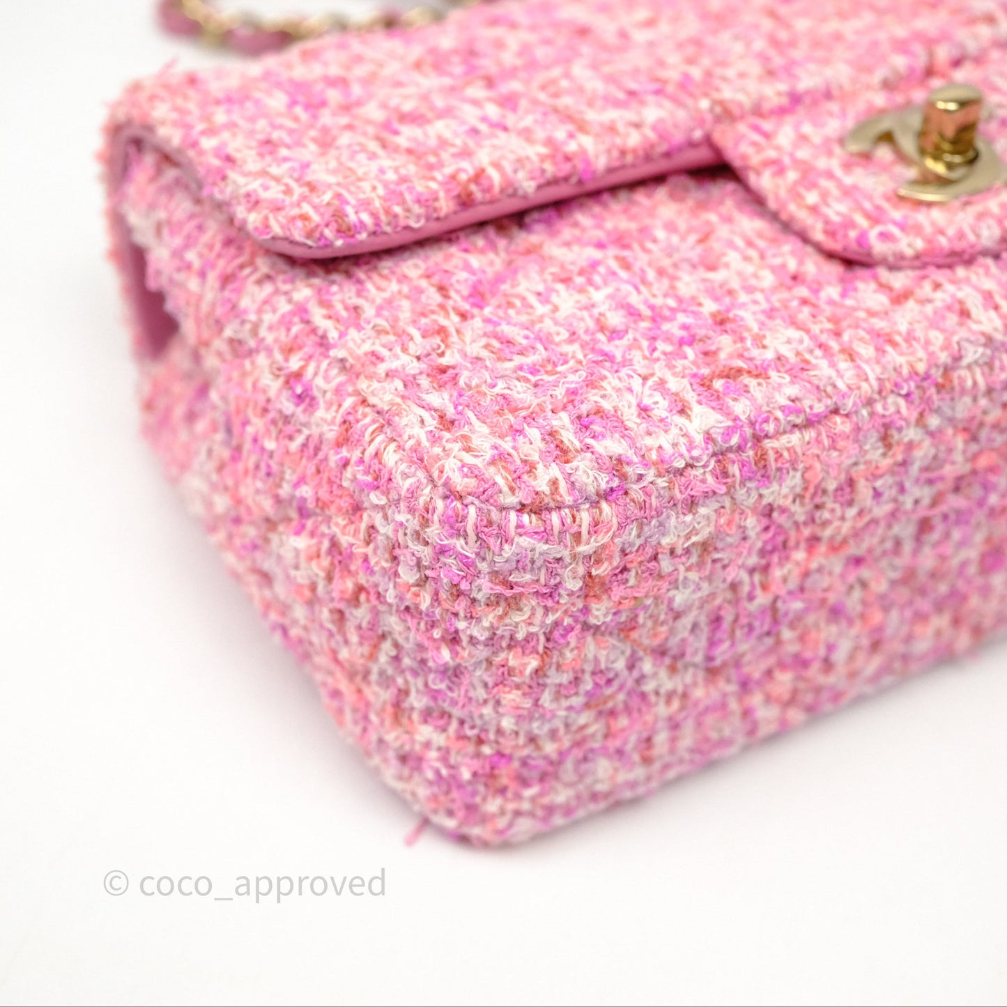 Chanel Tweed Quilted Mini Rectangular Flap Pink Tweed Gold Hardware