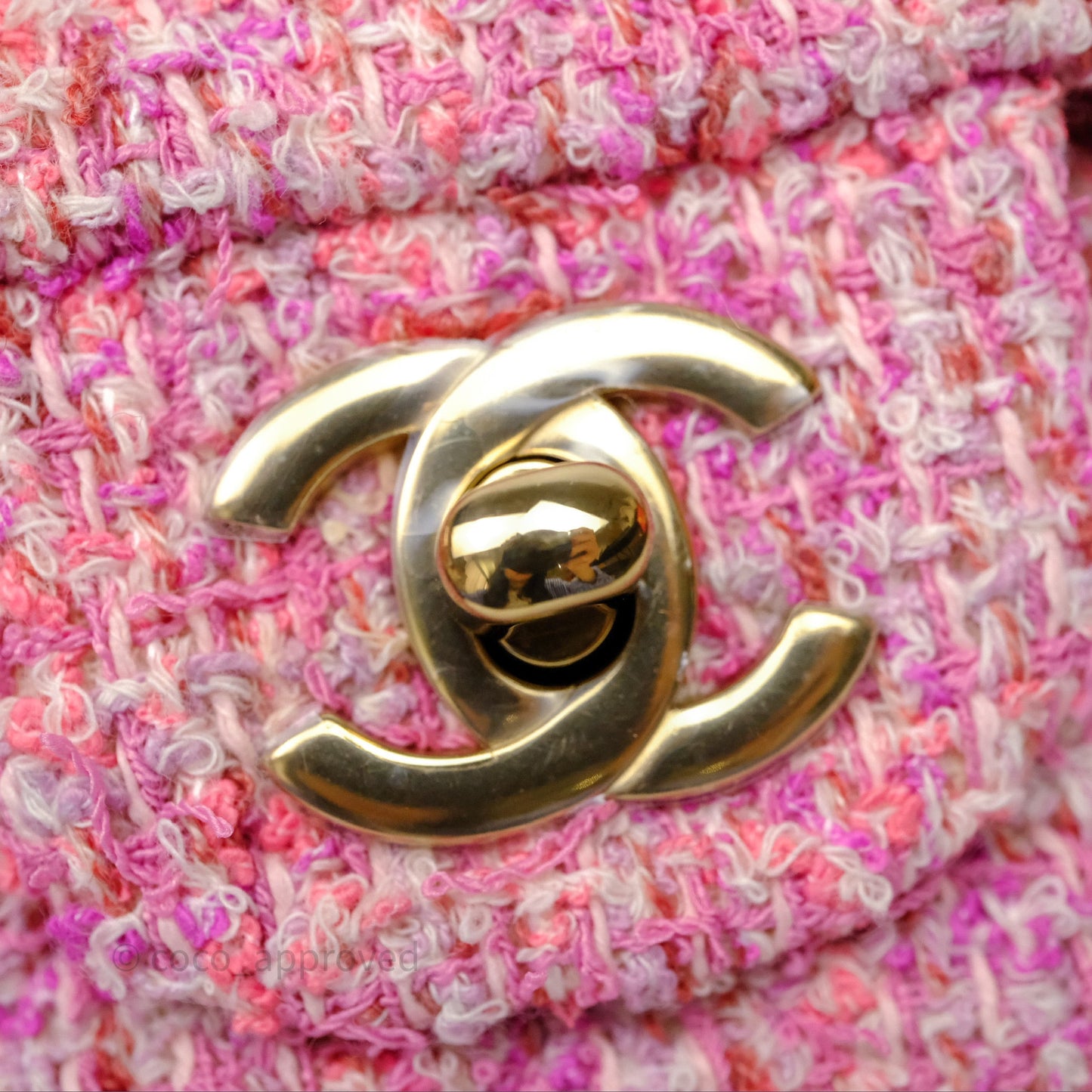 Chanel Tweed Quilted Mini Rectangular Flap Pink Tweed Gold Hardware