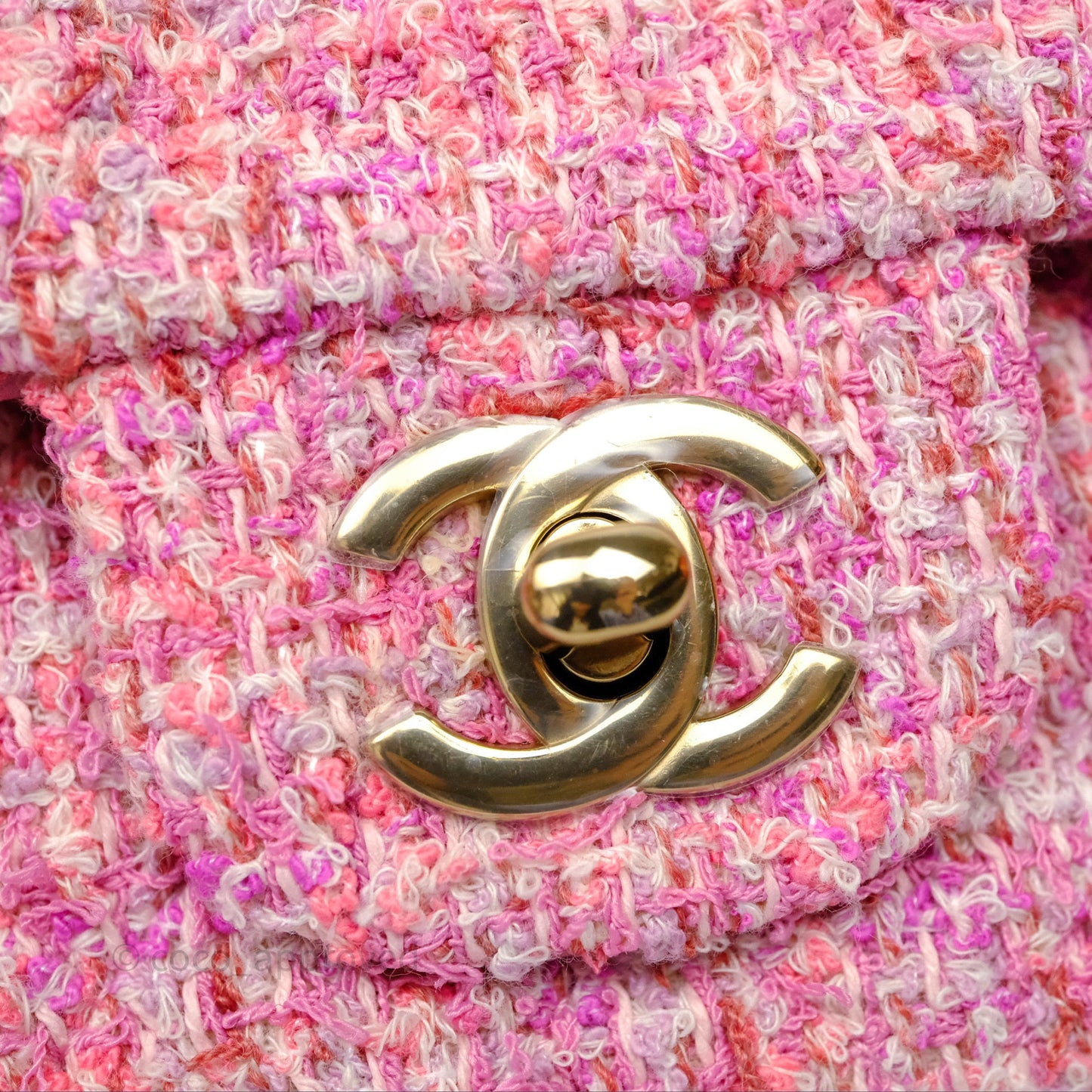 Chanel Tweed Quilted Mini Rectangular Flap Pink Tweed Gold Hardware