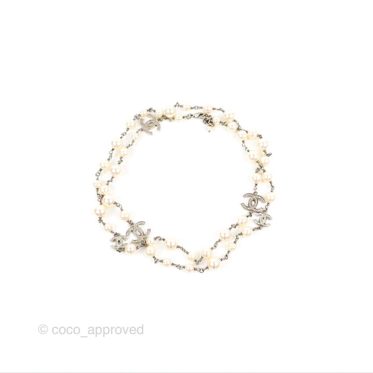 Chanel Crystal CC Pearl Chain Long Necklace Silver Tone 13B
