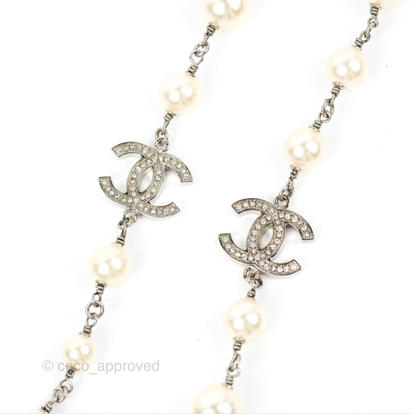 Chanel Crystal CC Pearl Chain Long Necklace Silver Tone 13B
