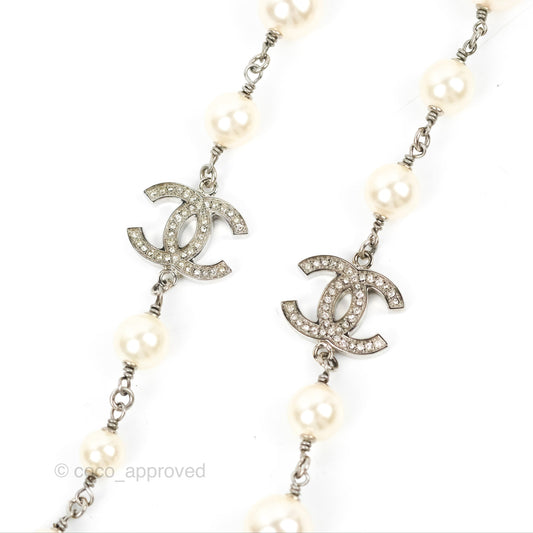 Chanel Crystal CC Pearl Chain Long Necklace Silver Tone 13B