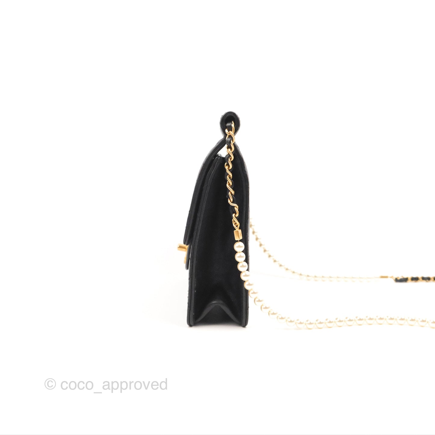 Chanel Small Pearl Flap Bag Black Calfskin Aged Gold Hardware