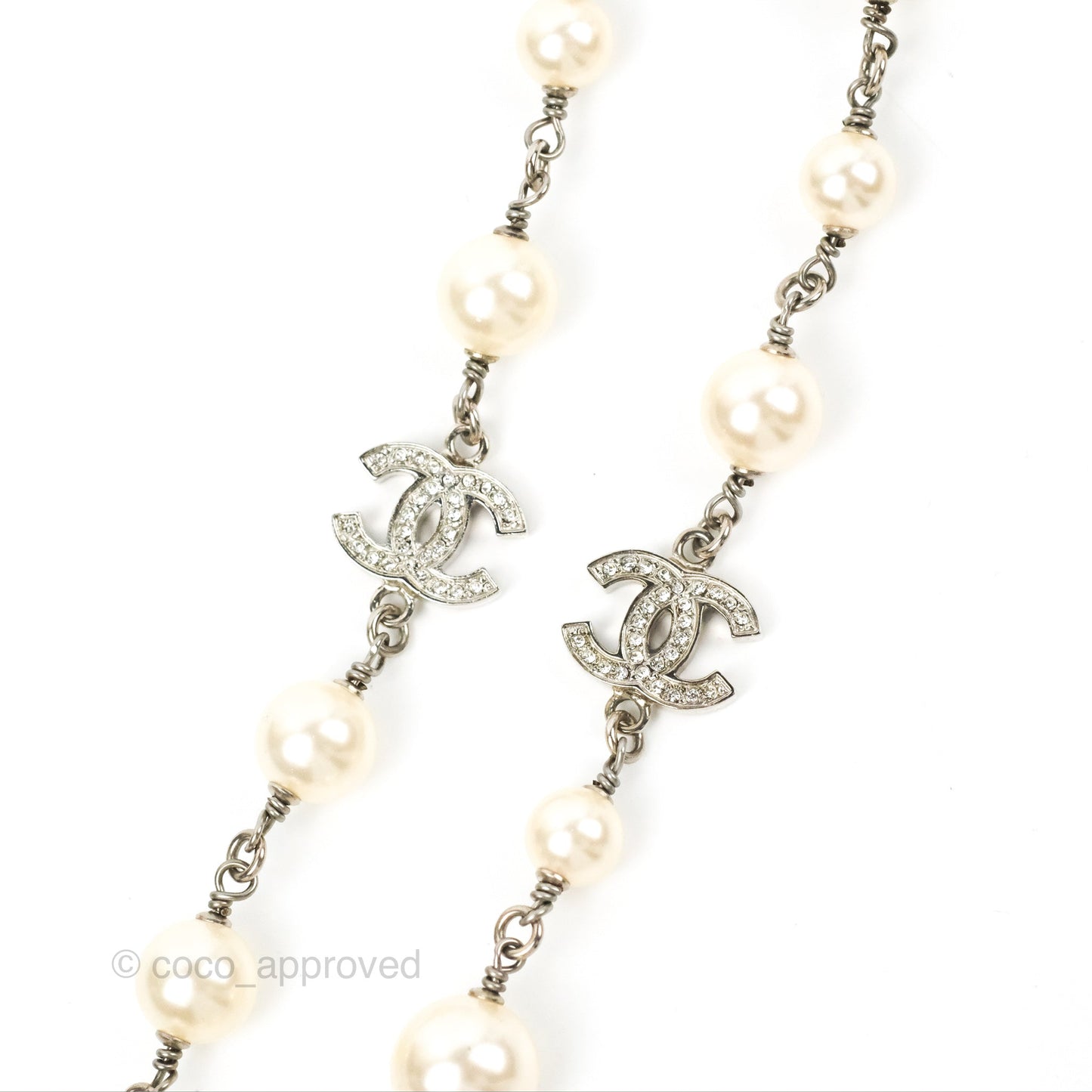 Chanel Crystal CC Pearl Chain Long Necklace Silver Tone 13B