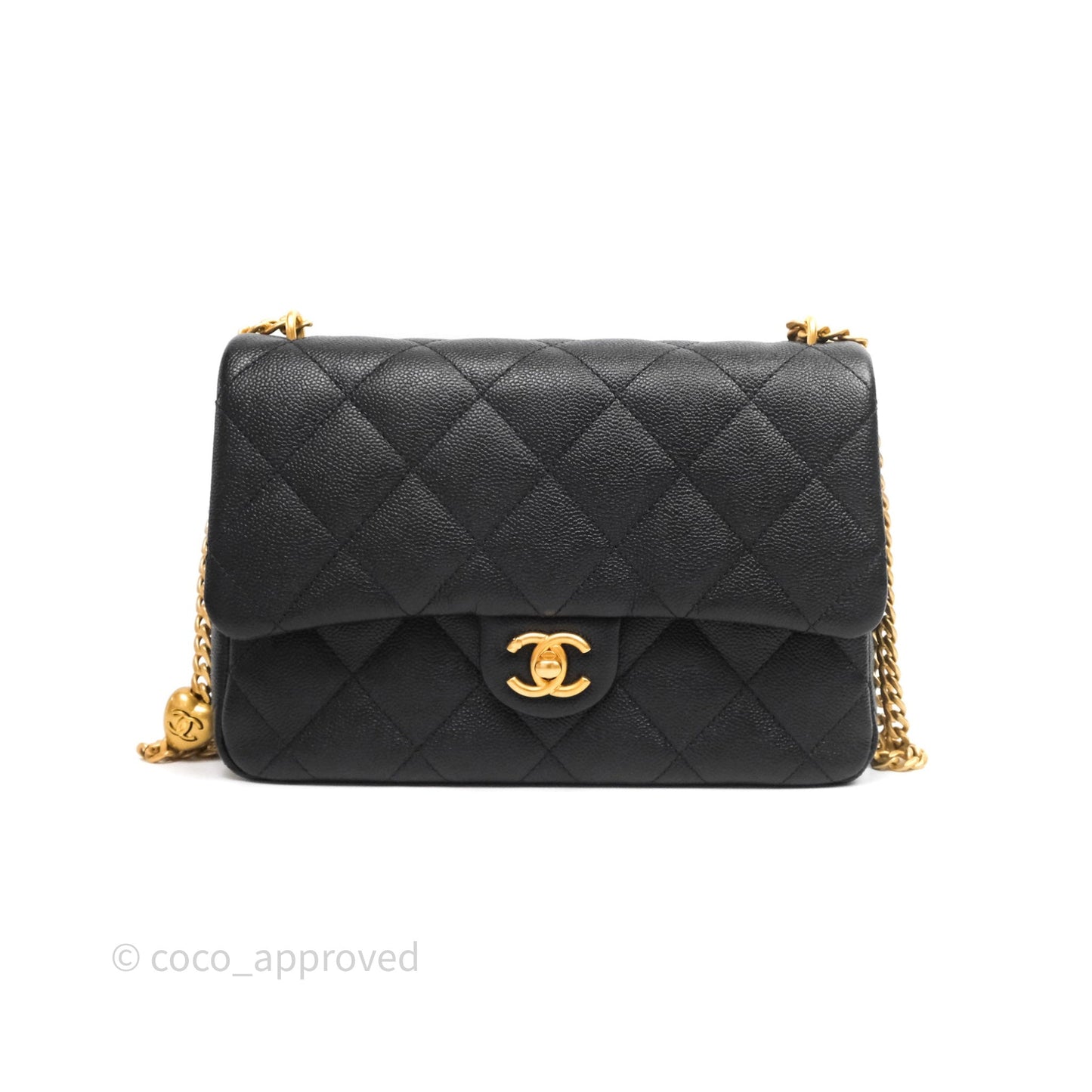 Chanel Flap Bag Heart Adjustable Chain Black Caviar Aged Gold Hardware