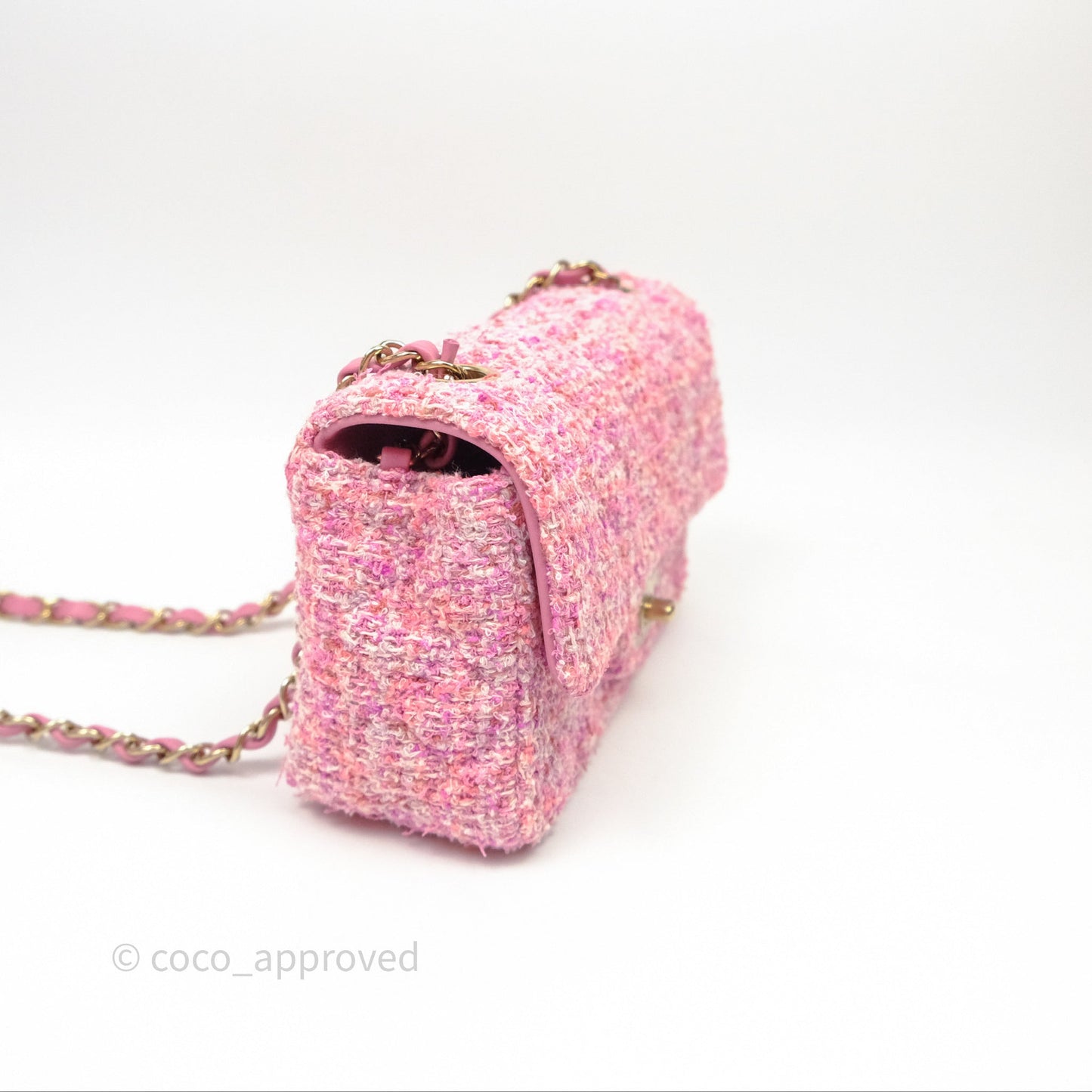 Chanel Tweed Quilted Mini Rectangular Flap Pink Tweed Gold Hardware
