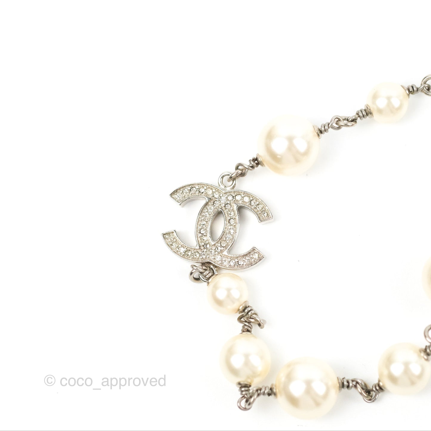 Chanel Crystal CC Pearl Chain Long Necklace Silver Tone 13B