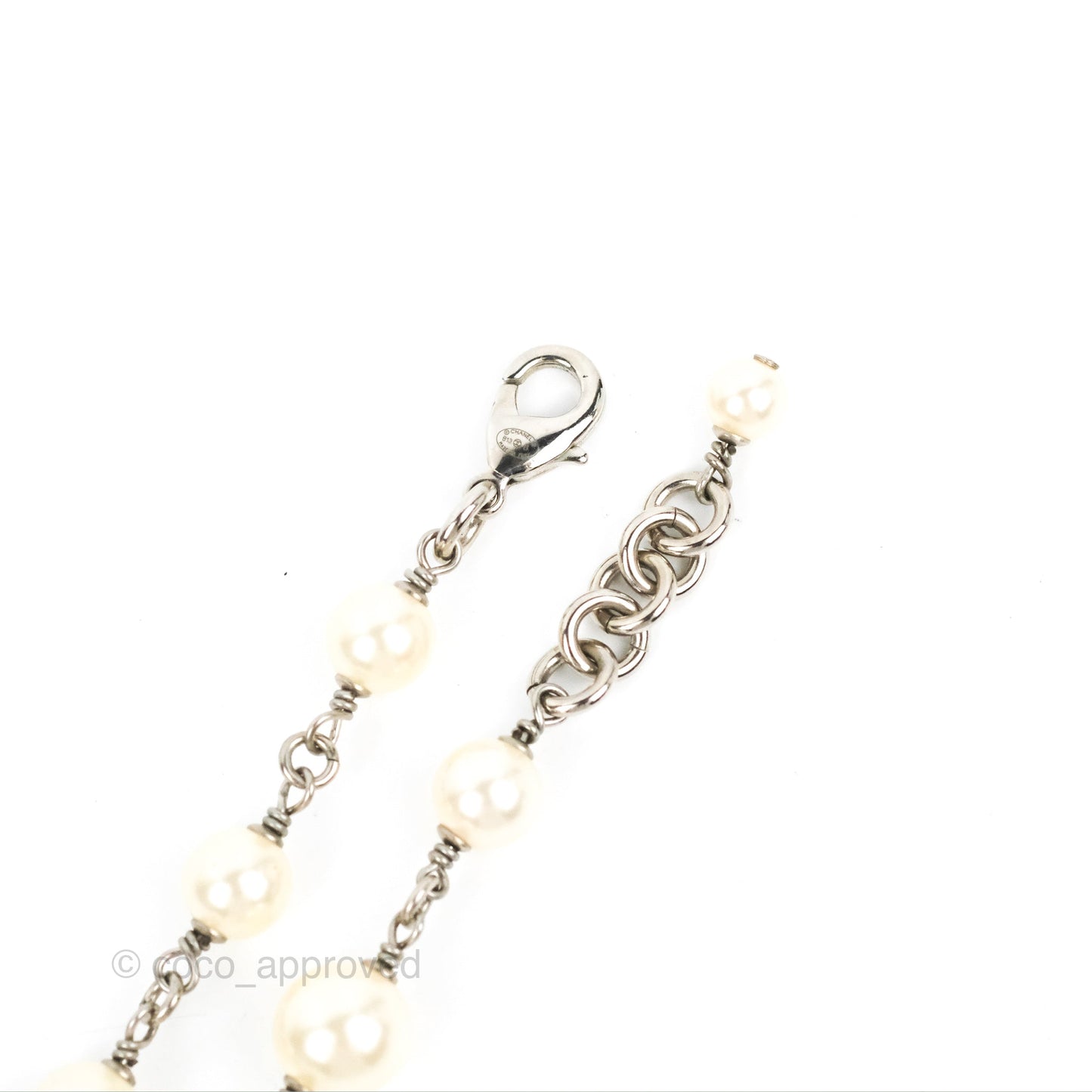 Chanel Crystal CC Pearl Chain Long Necklace Silver Tone 13B