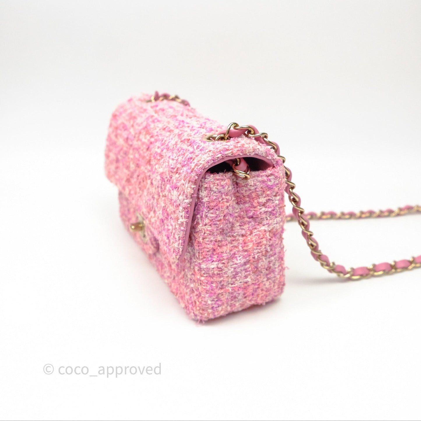 Chanel Tweed Quilted Mini Rectangular Flap Pink Tweed Gold Hardware