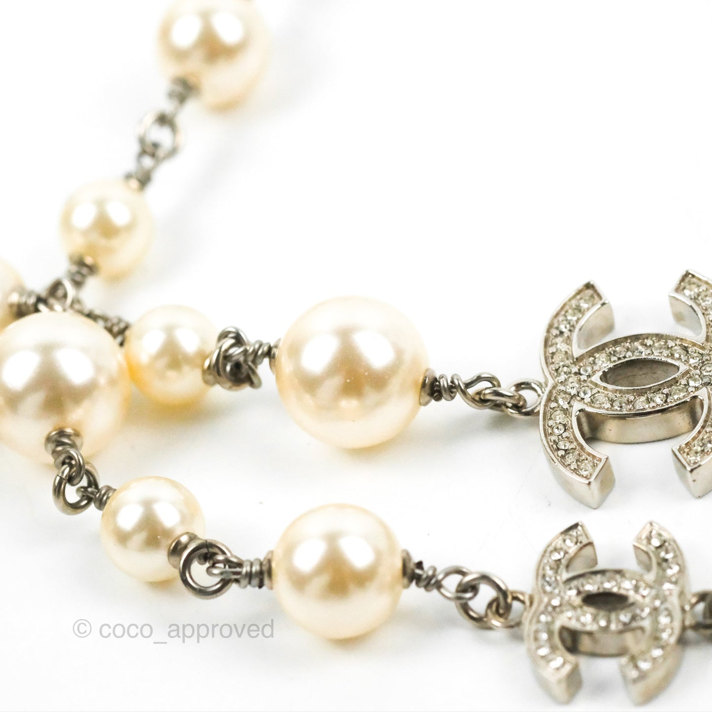 Chanel Crystal CC Pearl Chain Long Necklace Silver Tone 13B