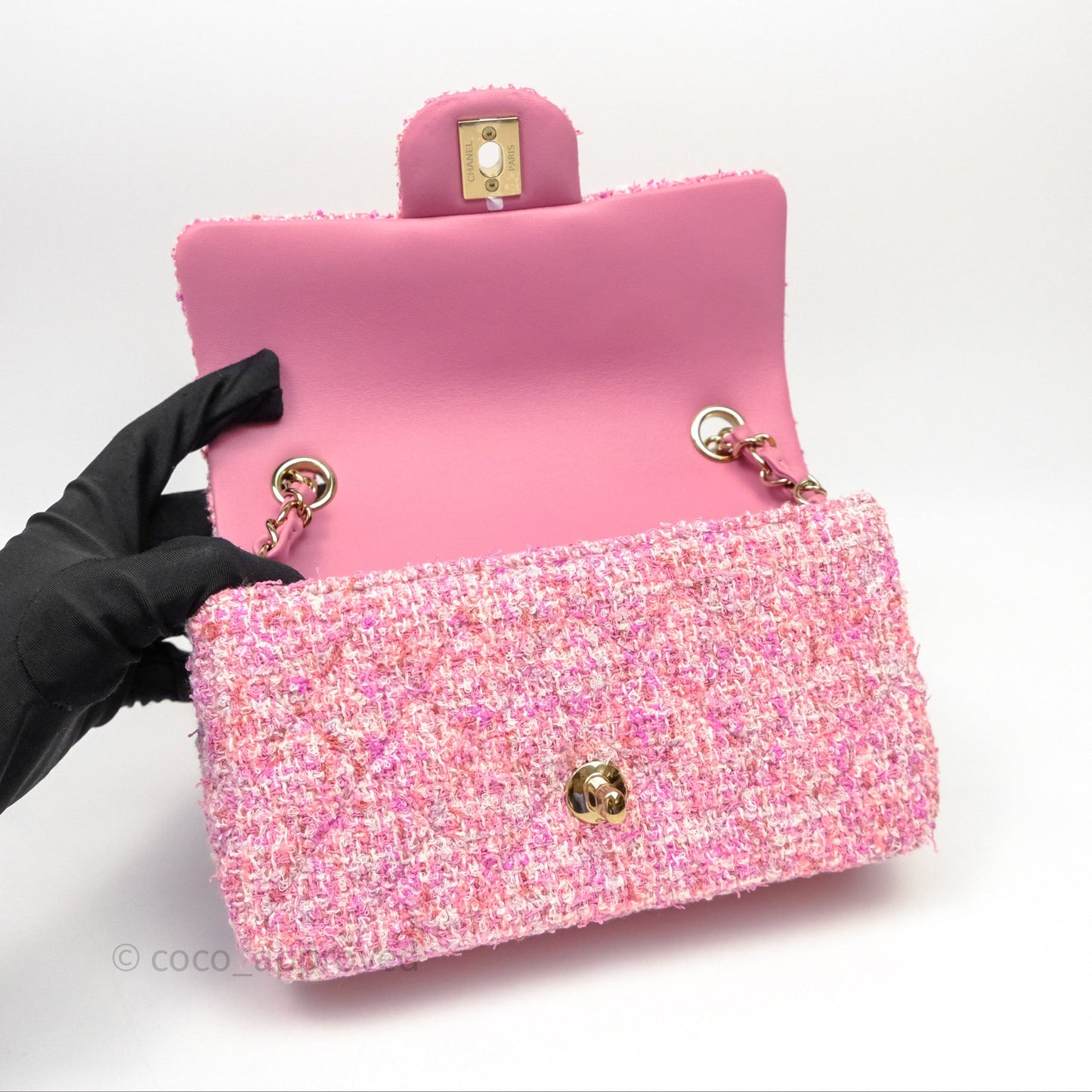 Chanel Tweed Quilted Mini Rectangular Flap Pink Tweed Gold Hardware